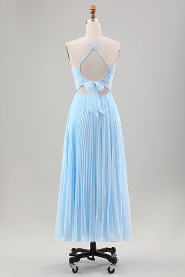 Sky Blue A Line Plissert Chiffon Bryllup Guest Dress